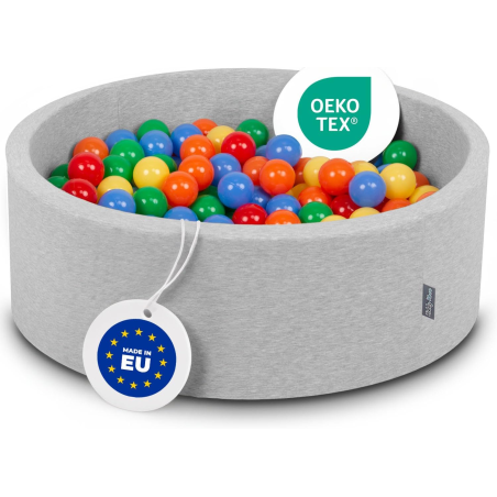 KiddyMoon Suchy basen okrągły jasnoszary z kolorowymi piłeczkami
